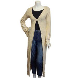 Vtg Sue Wong Womens XS/S Ivory Boucle Wool Boho Duster Length Cardigan Sweater